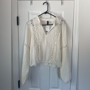 H&M White Textured Hoodie with Eyelet Details